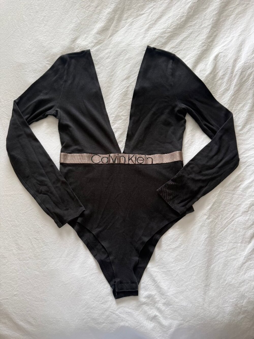 Calvin Klein Black Long Sleeve Deep V Bodysuit — Size S